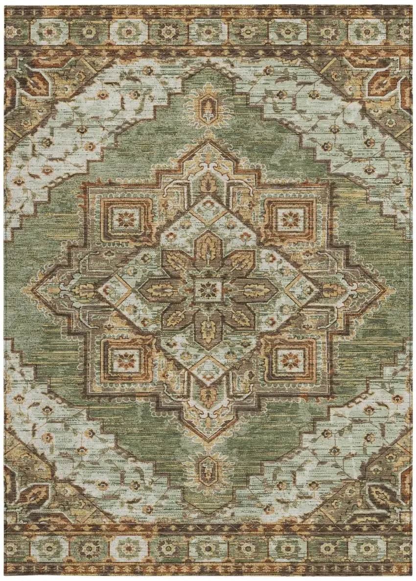 Olive Green And Blue Oriental Washable Indoor Outdoor Area Rug Photo 4