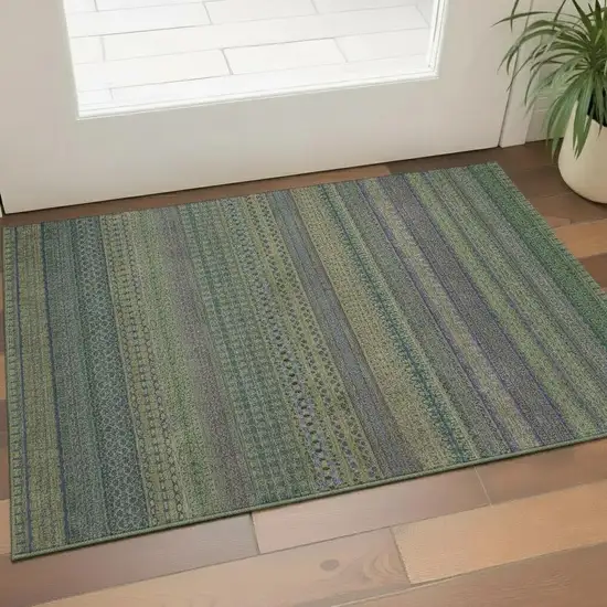 Olive Green And Blue Striped Washable Area Rug With UV Protection Photo 1
