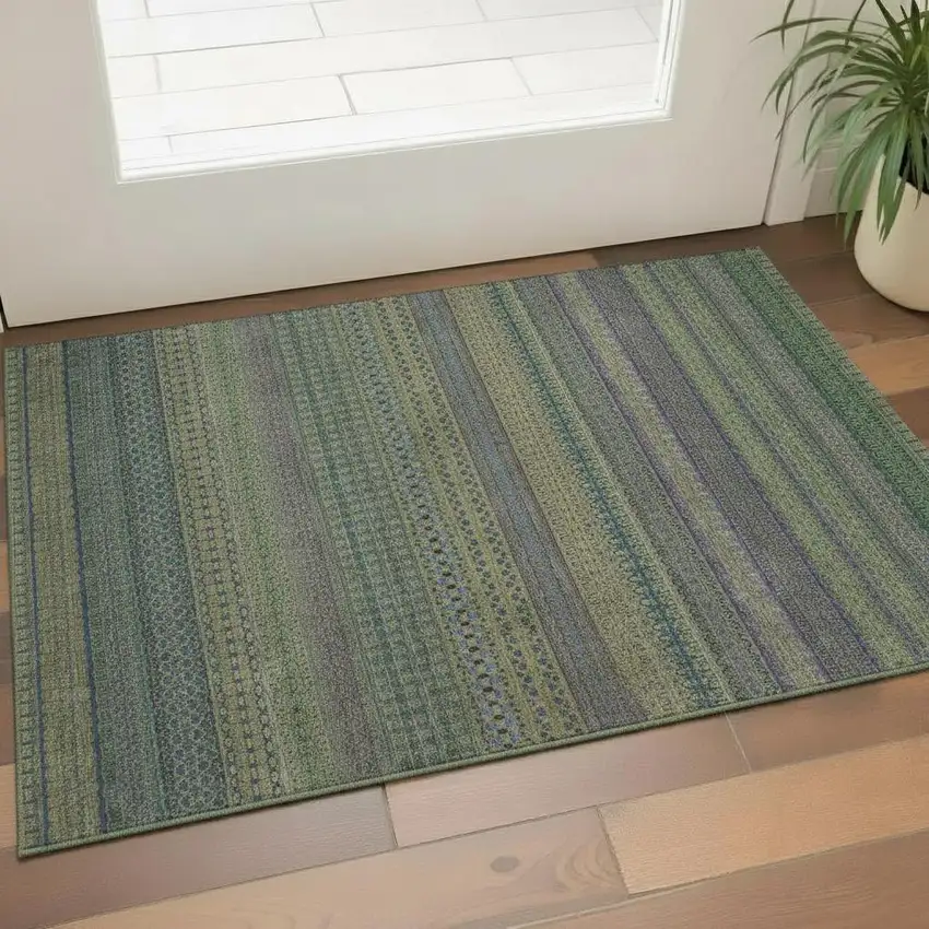 Olive Green And Blue Striped Washable Area Rug With UV Protection Photo 1