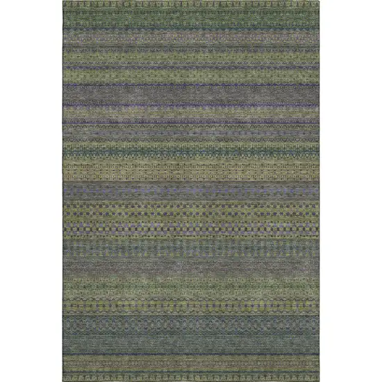 Olive Green And Blue Striped Washable Area Rug With UV Protection Photo 6