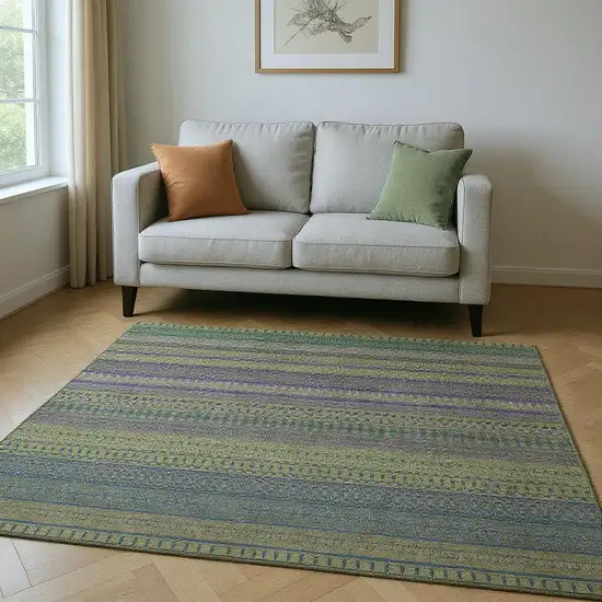 Olive Green And Blue Striped Washable Area Rug With UV Protection Photo 2