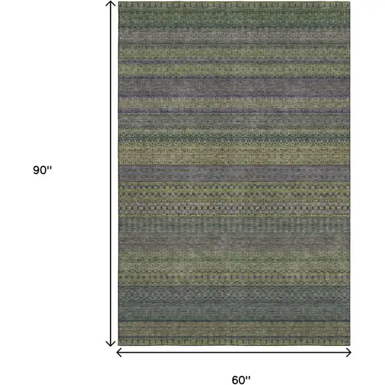 Olive Green And Blue Striped Washable Area Rug With UV Protection Photo 3