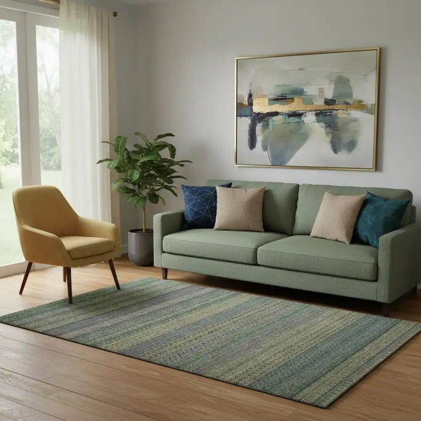 Olive Green And Blue Striped Washable Area Rug With UV Protection Photo 1