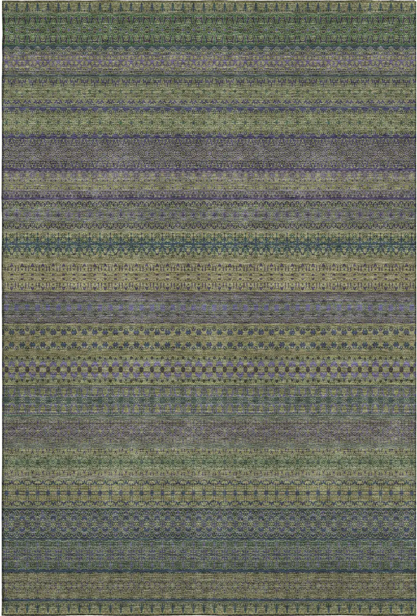 Olive Green And Blue Striped Washable Area Rug With UV Protection Photo 1