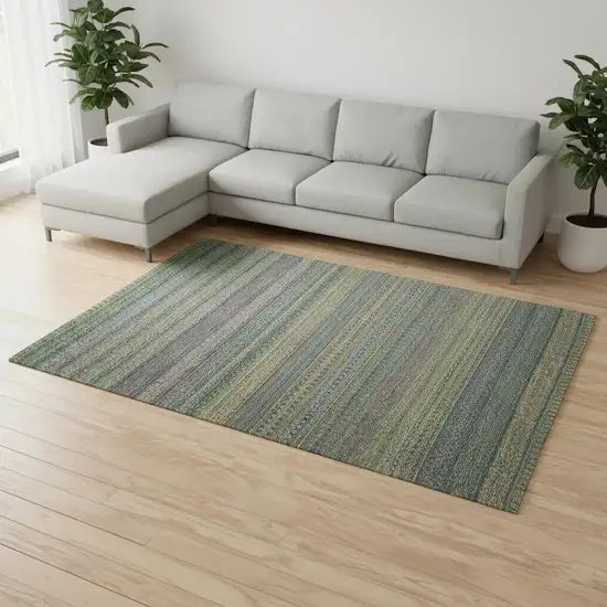 Olive Green And Blue Striped Washable Area Rug With UV Protection Photo 1