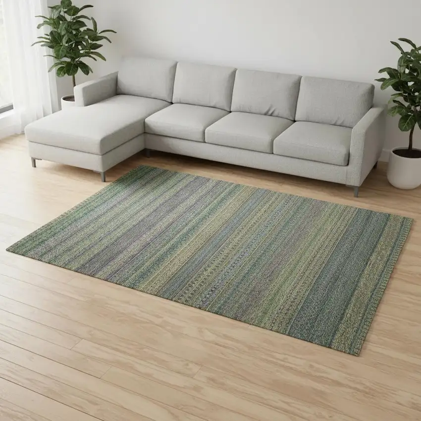 Olive Green And Blue Striped Washable Area Rug With UV Protection Photo 1