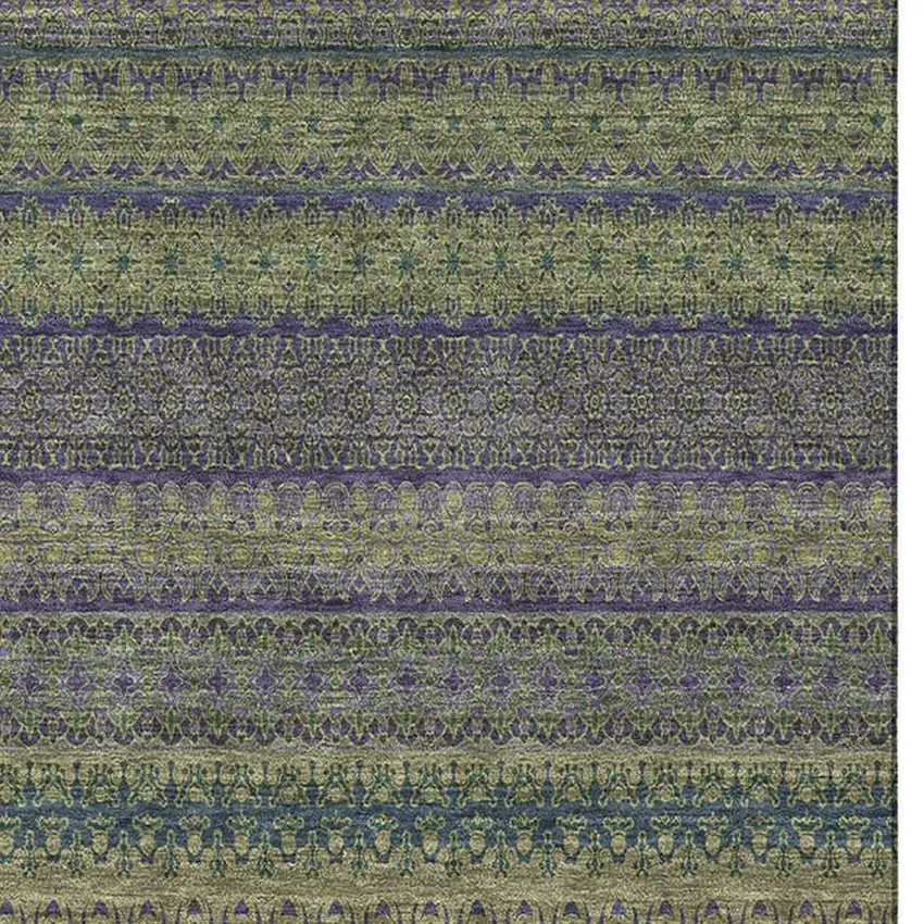 Olive Green And Blue Striped Washable Area Rug With UV Protection Photo 3