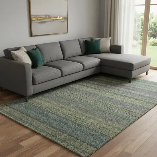 Olive Green And Blue Striped Washable Area Rug With UV Protection Photo 1