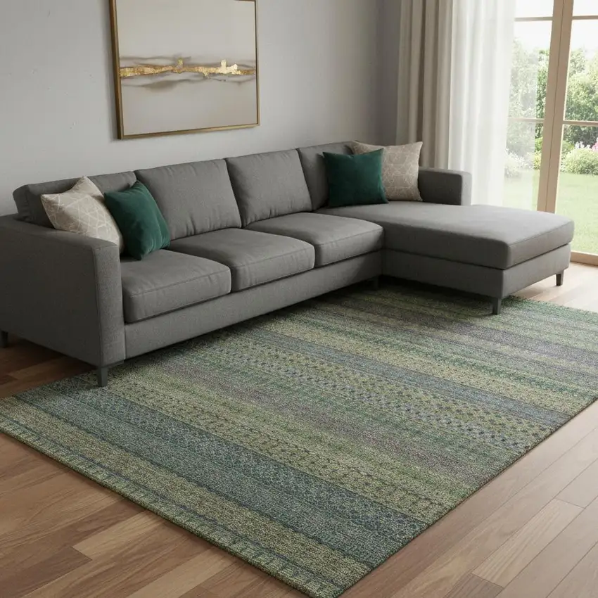 Olive Green And Blue Striped Washable Area Rug With UV Protection Photo 1