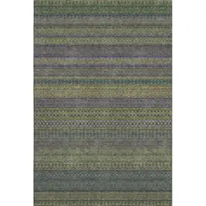 Photo of Olive Green And Blue Striped Washable Area Rug With UV Protection