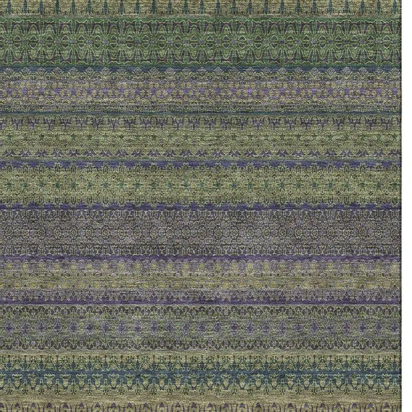 Olive Green And Blue Striped Washable Area Rug With UV Protection Photo 4