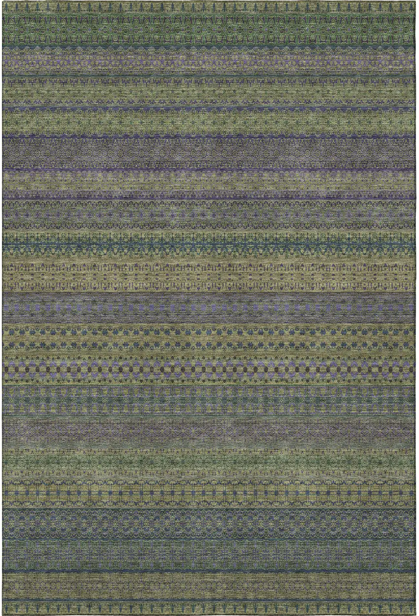 Olive Green And Blue Striped Washable Area Rug With UV Protection Photo 4