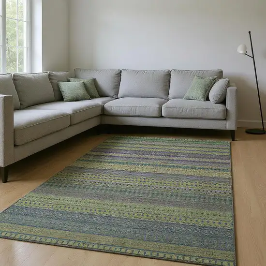 Olive Green And Blue Striped Washable Area Rug With UV Protection Photo 2
