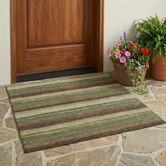 Olive Green And Blue Striped Washable Indoor Outdoor Area Rug Photo 1