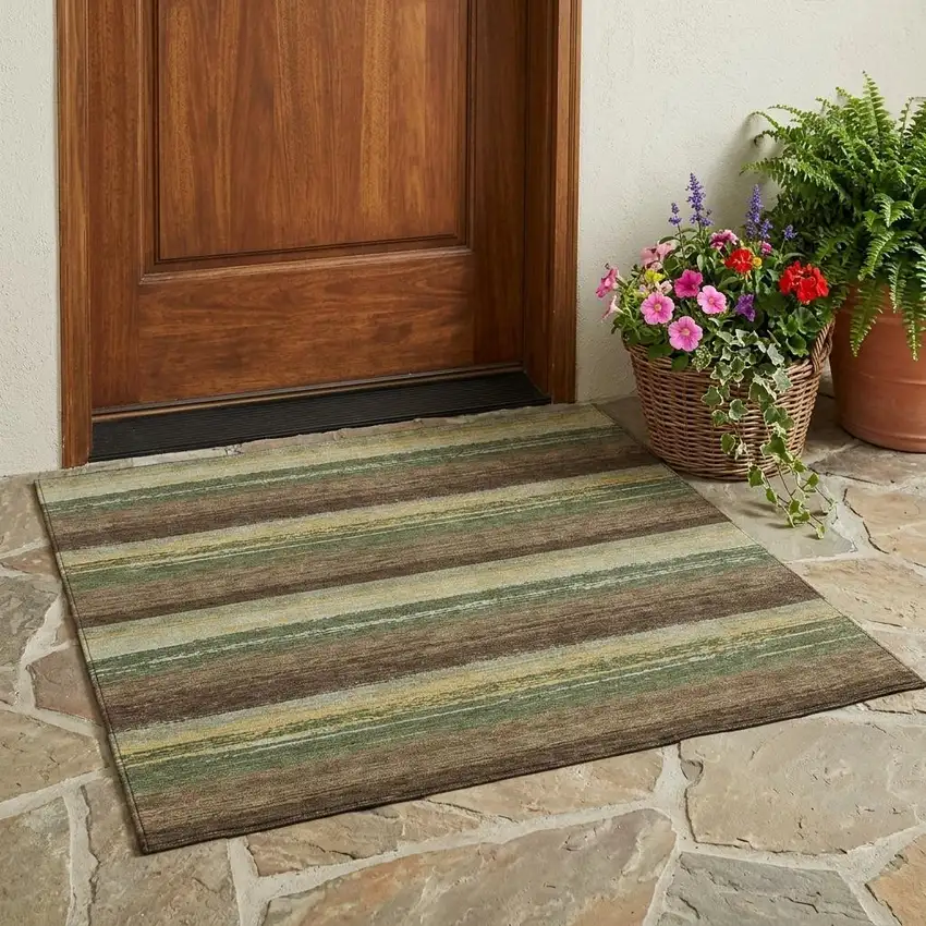 Olive Green And Blue Striped Washable Indoor Outdoor Area Rug Photo 1