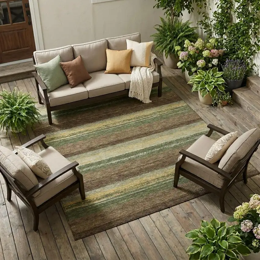 Olive Green And Blue Striped Washable Indoor Outdoor Area Rug Photo 1