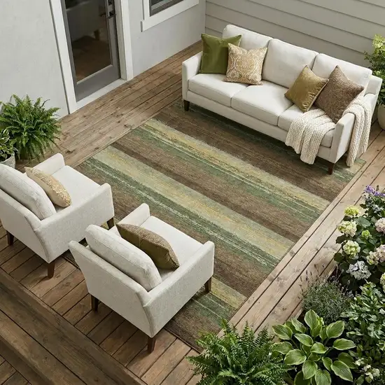 Olive Green And Blue Striped Washable Indoor Outdoor Area Rug Photo 1