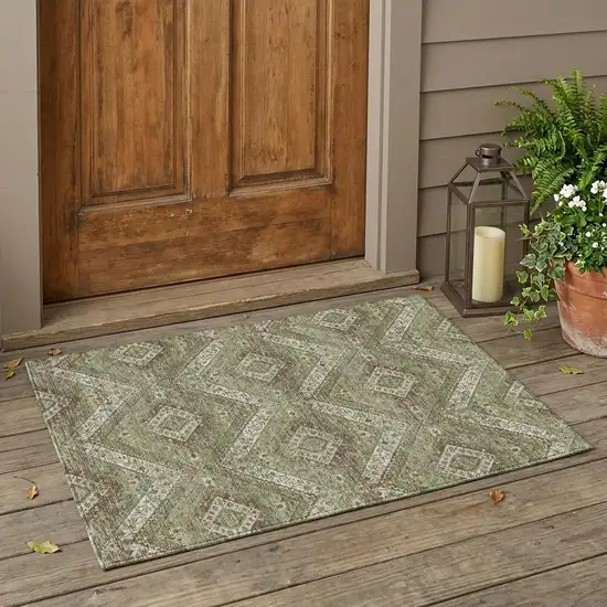 Olive Green And Blue Tribal Washable Indoor Outdoor Area Rug Photo 1