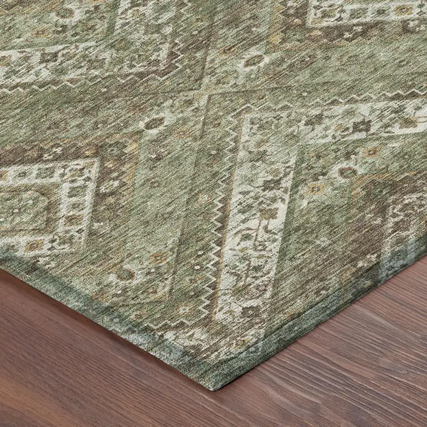 Olive Green And Blue Tribal Washable Indoor Outdoor Area Rug Photo 5