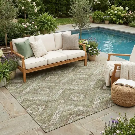 Olive Green And Blue Tribal Washable Indoor Outdoor Area Rug Photo 1