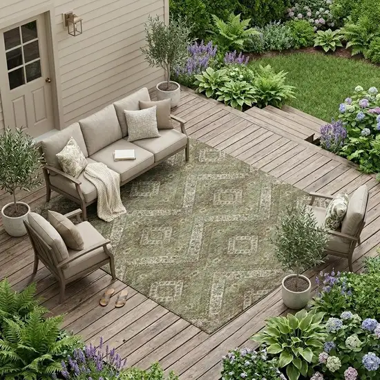Olive Green And Blue Tribal Washable Indoor Outdoor Area Rug Photo 1