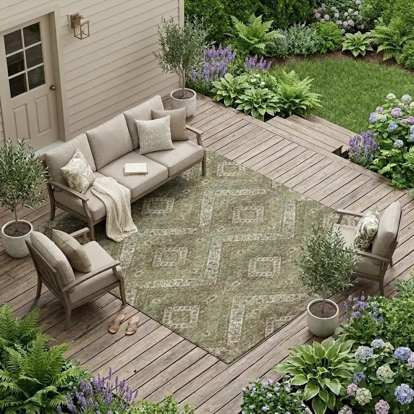 Olive Green And Blue Tribal Washable Indoor Outdoor Area Rug Photo 1