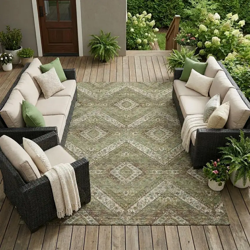 Olive Green And Blue Tribal Washable Indoor Outdoor Area Rug Photo 1