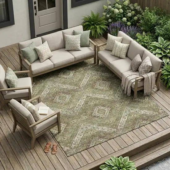 Olive Green And Blue Tribal Washable Indoor Outdoor Area Rug Photo 1