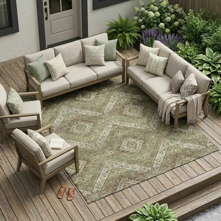 Olive Green And Blue Tribal Washable Indoor Outdoor Area Rug Photo 1