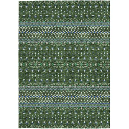 Olive Green And Blue Tribal Washable Indoor Outdoor Area Rug Photo 5