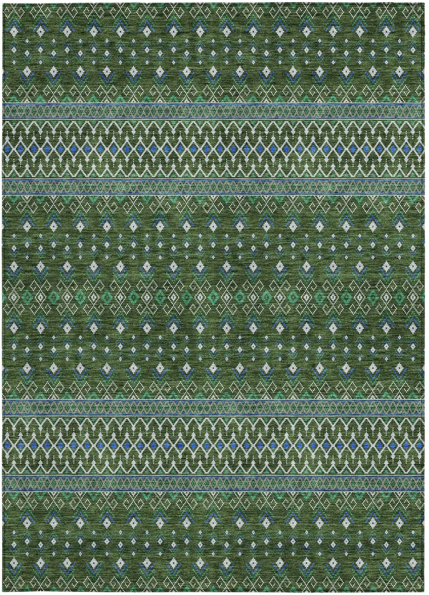 Olive Green And Blue Tribal Washable Indoor Outdoor Area Rug Photo 5