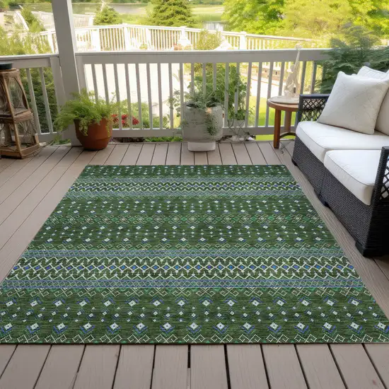 Olive Green And Blue Tribal Washable Indoor Outdoor Area Rug Photo 9