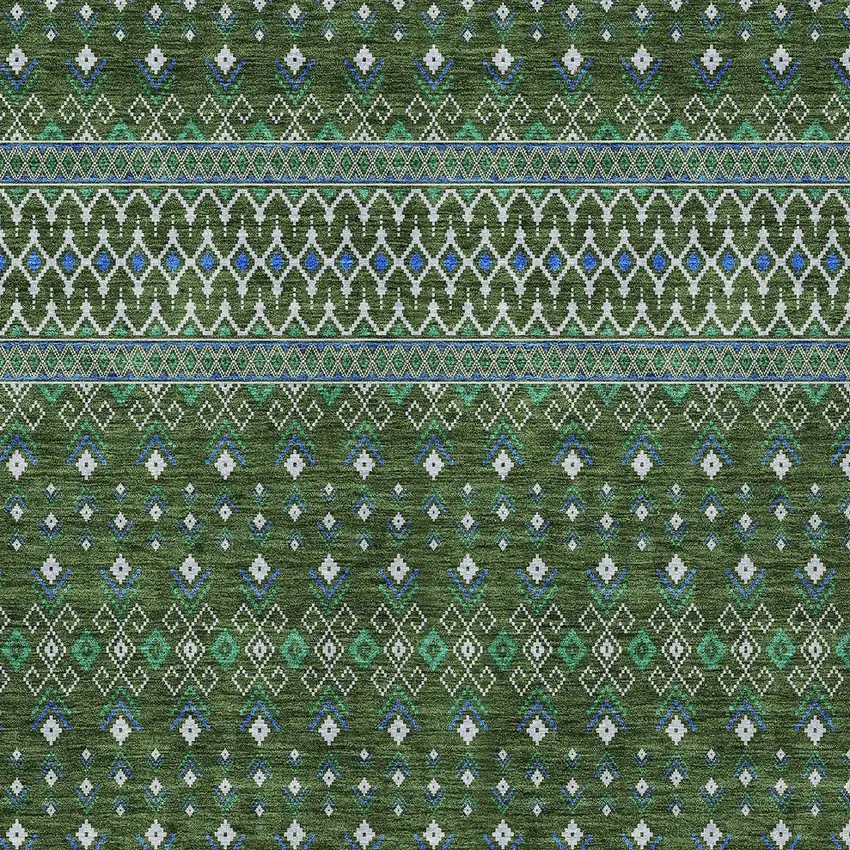 Olive Green And Blue Tribal Washable Indoor Outdoor Area Rug Photo 6