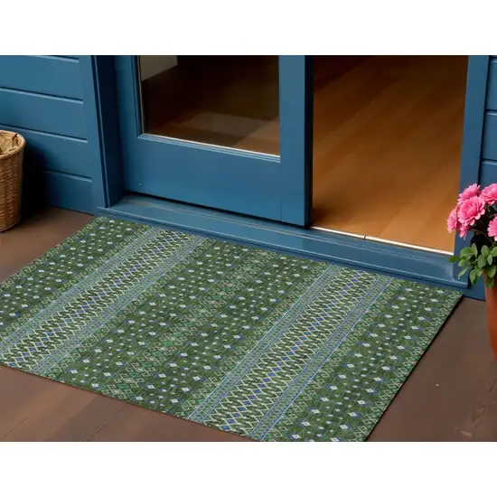 Olive Green And Blue Tribal Washable Indoor Outdoor Area Rug Photo 1