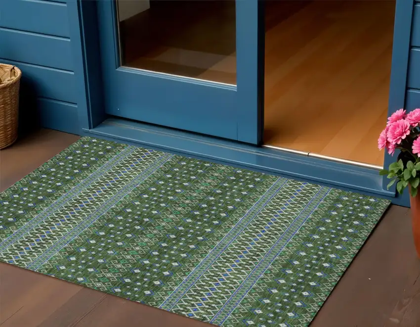 Olive Green And Blue Tribal Washable Indoor Outdoor Area Rug Photo 1