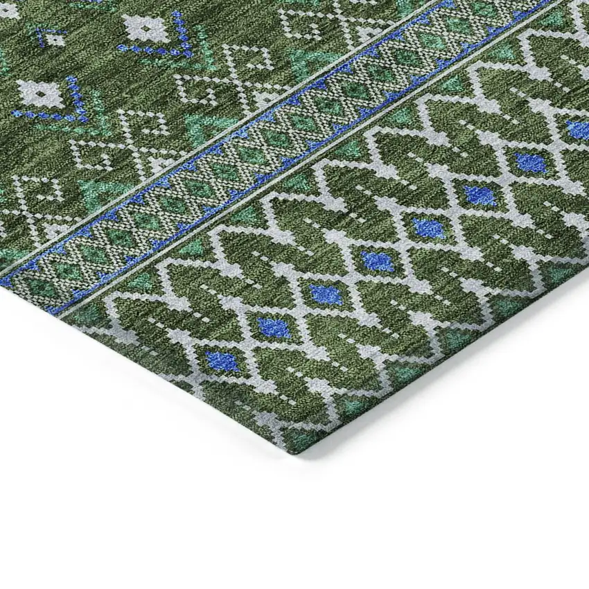 Olive Green And Blue Tribal Washable Indoor Outdoor Area Rug Photo 2