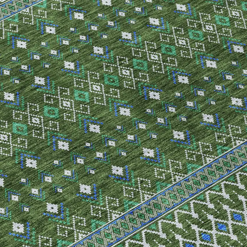 Olive Green And Blue Tribal Washable Indoor Outdoor Area Rug Photo 3