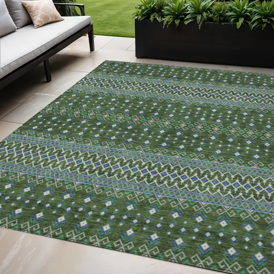 Olive Green And Blue Tribal Washable Indoor Outdoor Area Rug Photo 1
