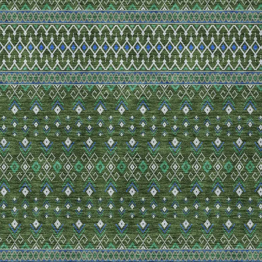 Olive Green And Blue Tribal Washable Indoor Outdoor Area Rug Photo 4