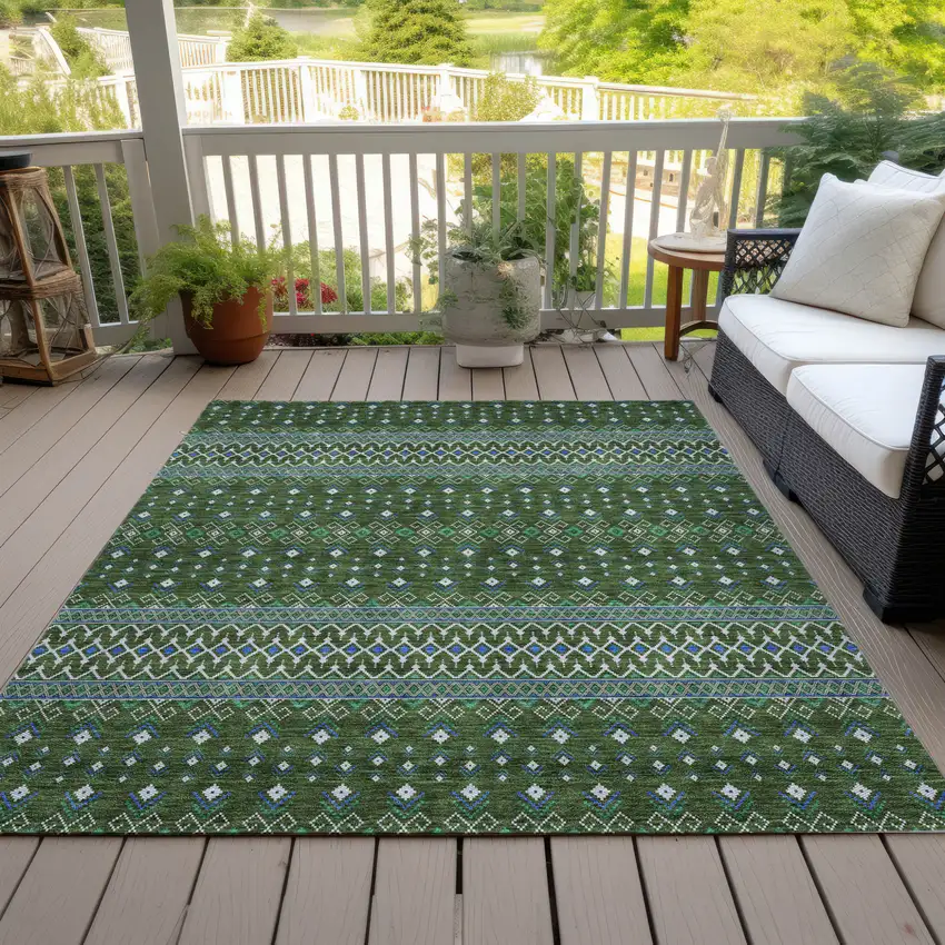 Olive Green And Blue Tribal Washable Indoor Outdoor Area Rug Photo 9