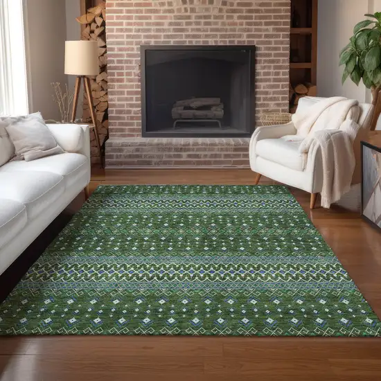 Olive Green And Blue Tribal Washable Indoor Outdoor Area Rug Photo 8
