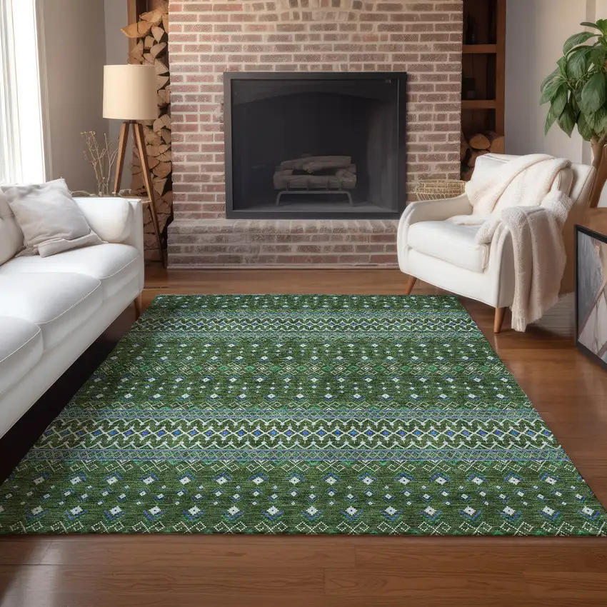 Olive Green And Blue Tribal Washable Indoor Outdoor Area Rug Photo 8