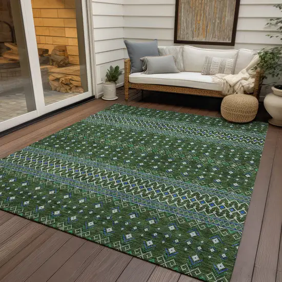 Olive Green And Blue Tribal Washable Indoor Outdoor Area Rug Photo 6