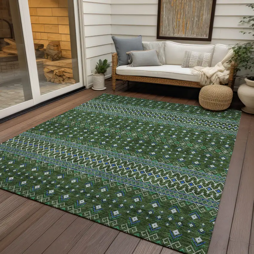 Olive Green And Blue Tribal Washable Indoor Outdoor Area Rug Photo 6