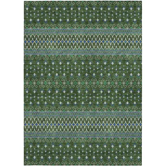 Olive Green And Blue Tribal Washable Indoor Outdoor Area Rug Photo 5