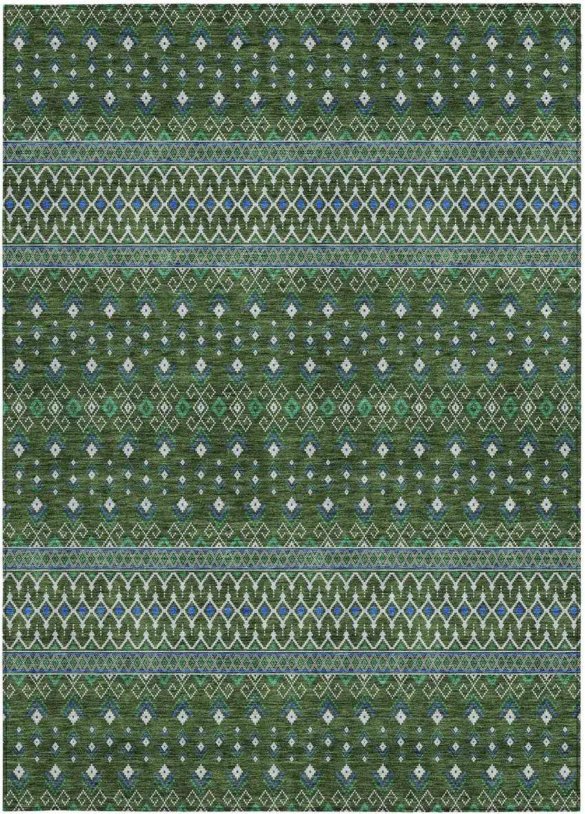 Olive Green And Blue Tribal Washable Indoor Outdoor Area Rug Photo 5