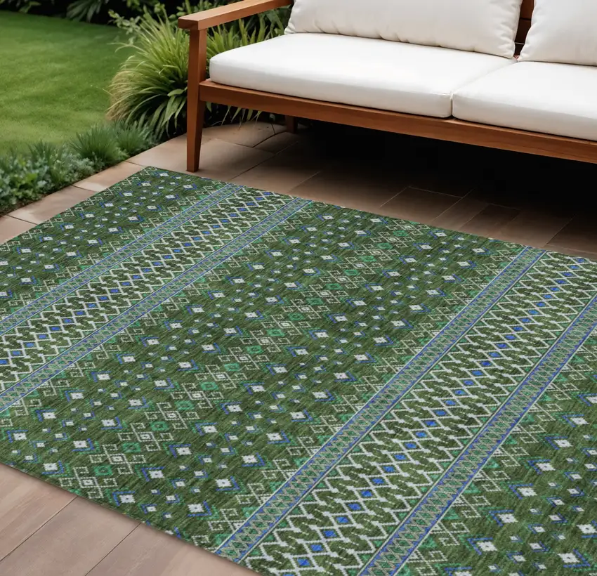 Olive Green And Blue Tribal Washable Indoor Outdoor Area Rug Photo 1