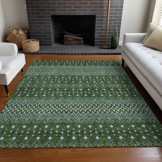 Olive Green And Blue Tribal Washable Indoor Outdoor Area Rug Photo 7