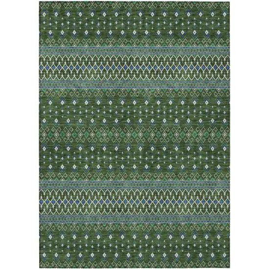 Olive Green And Blue Tribal Washable Indoor Outdoor Area Rug Photo 1