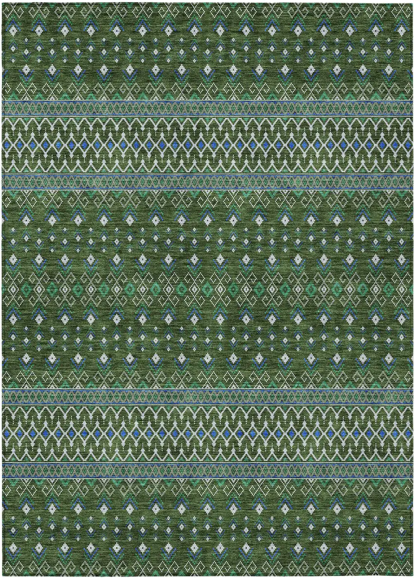 Olive Green And Blue Tribal Washable Indoor Outdoor Area Rug Photo 1